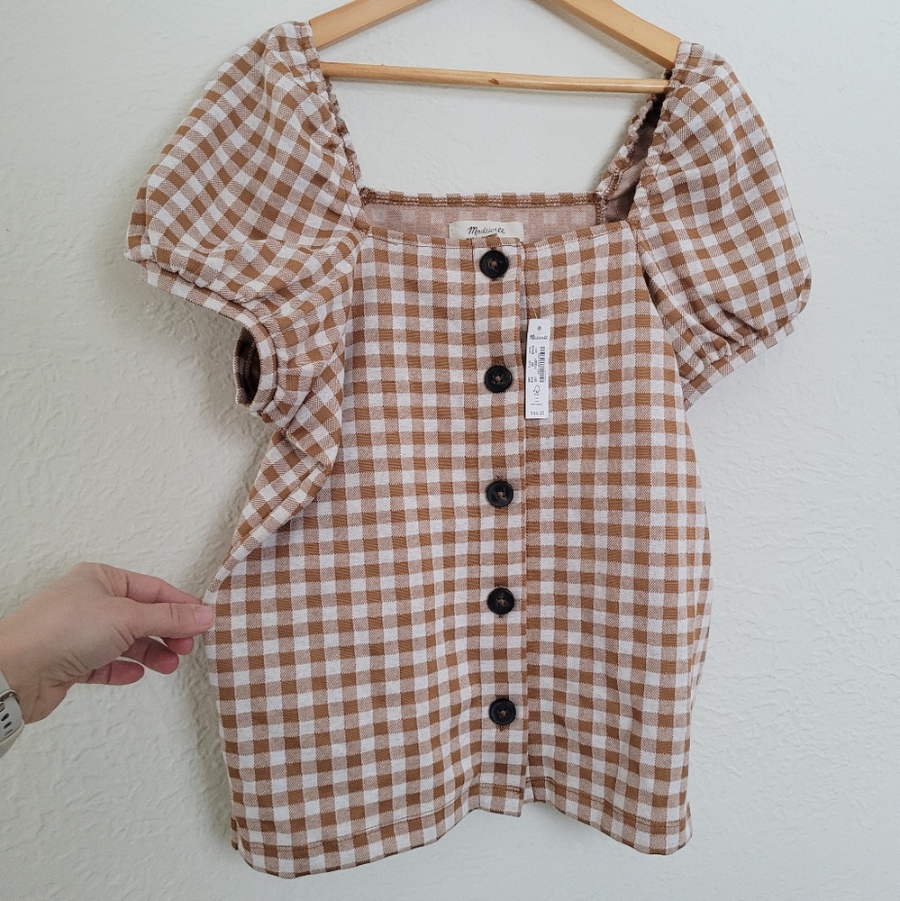 Madewell Gingham Jacquard Square-Neck Puff-Sleeved Top NWT